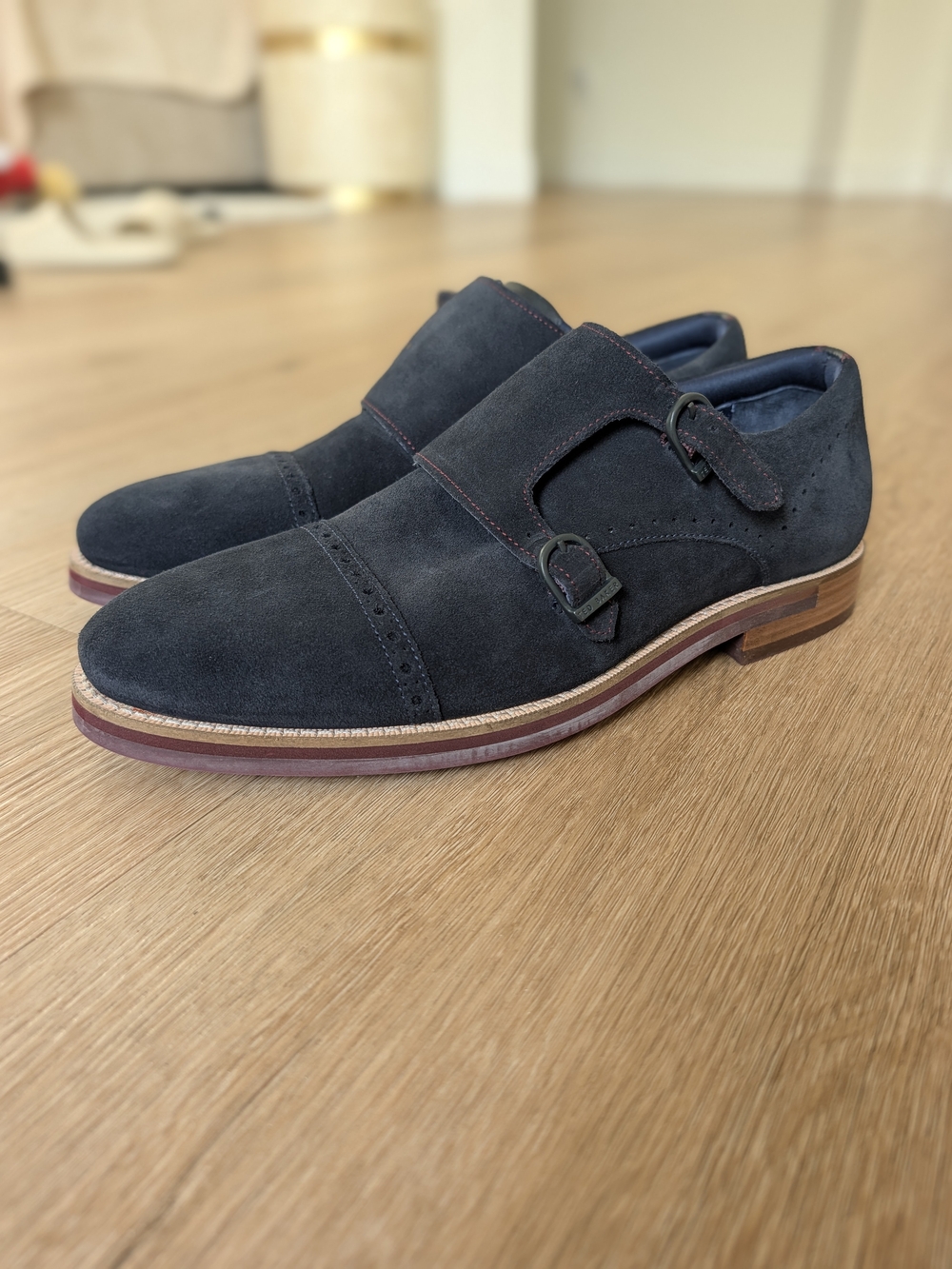 Rare Ted Baker London Men's Double Monk Strap Suede Dress Shoes - NAVY, US 10
